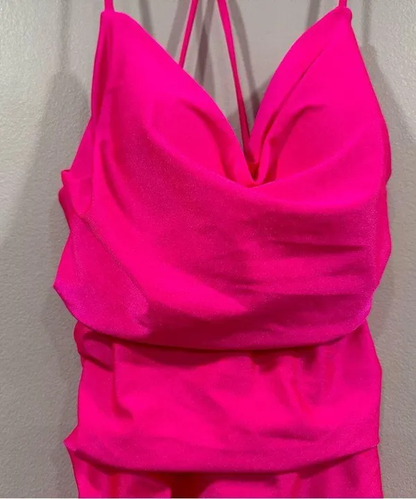 29020 Strappy Back Bodycon Maxi Gown Dress Neon Pink Size 6 - Image 7