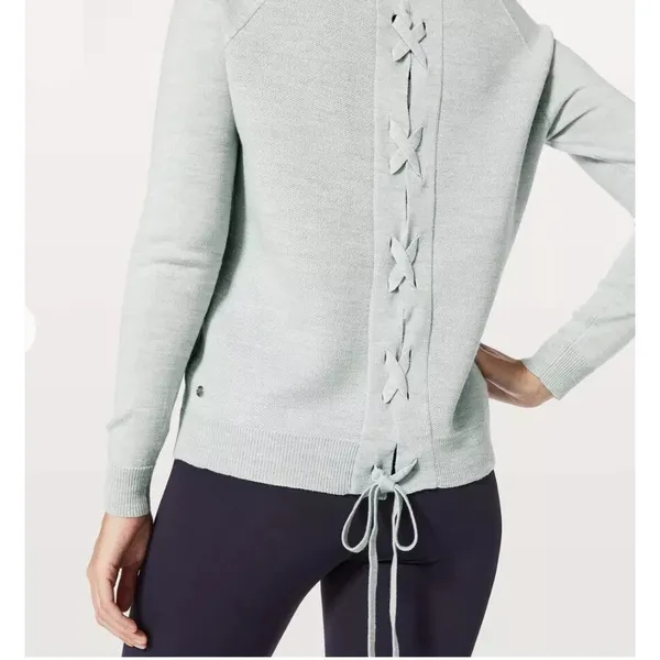 EUC Women Lululemon Gray Merino Wool Tied To You Sweater‎ SIZE 6 Lace Up Back - Image 3