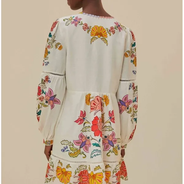 Farm Rio Floral Insects Mini Dress Small White Boho Tiered Whimsical Cottagecore - Image 3