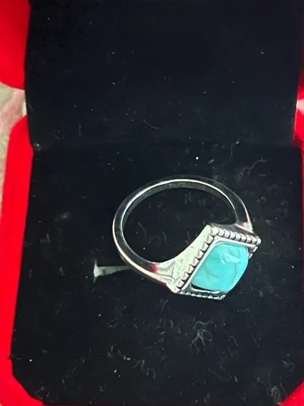 Women’s Stainless Steel Silver Faux Turquoise Embellished Ring Size 7 - Image 2