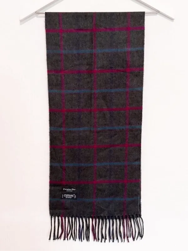 Christian Dior‎ Scarf Plaid Windowpane Cashmaire Fringe Vintage Dark Academia - Image 2