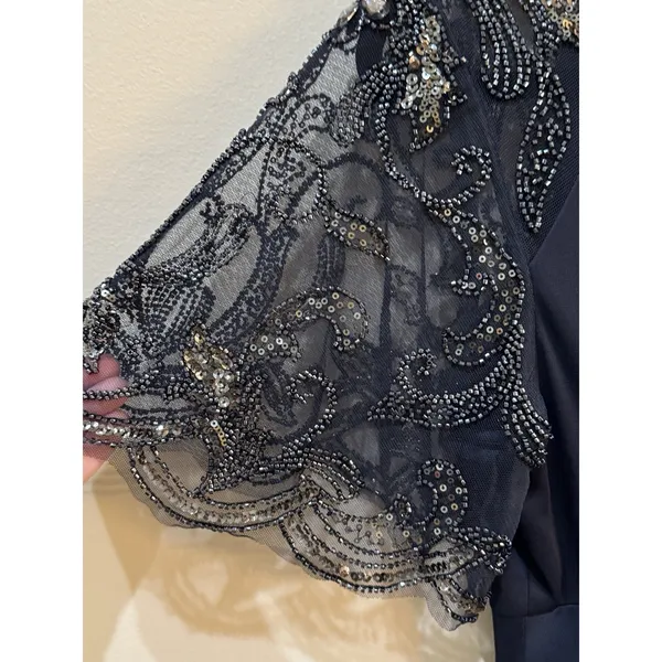 Xscape Long Sheer Matte Jersey Ruched 3/4 Bead Sleeve‎ Navy 5059X Size 6 - Image 8