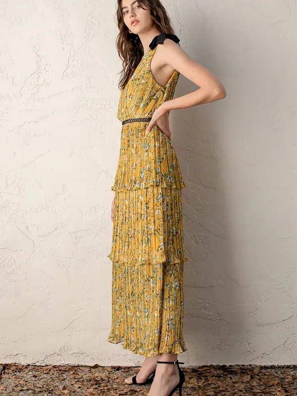 Lulus Such Sophistication Yellow Floral Print Pleated Summer Maxi Dress Size L - Image 3