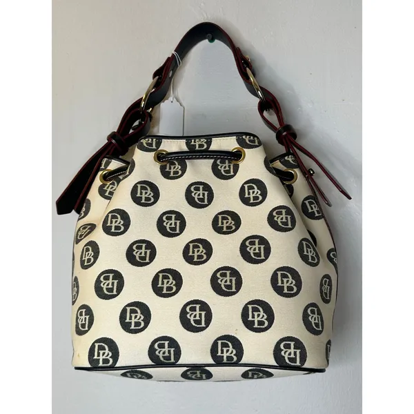 DOONEY & BOURKE Black White DB Monogram Black Leather Drawstring Bucket Bag - Image 10