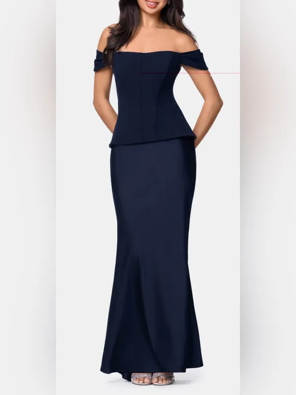 NEW Betsy & Adam Off the Shoulder Mixed Media Satin Navy Gown Sz 4 - Image 3