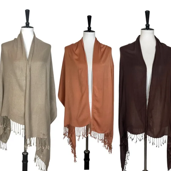 Women’s Bundle 3 Oblong Scarfs Solid Neutral Color Fringe Tan Orange Brown Tan - Image 14