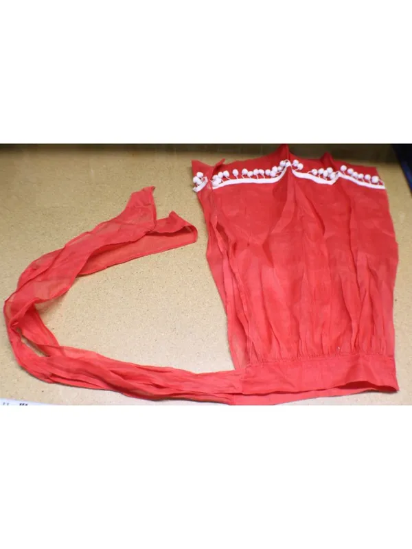 Red Sheer Half Apron White Pom Pom Trim Back Tie Small Small Pocket Vintage - Image 4