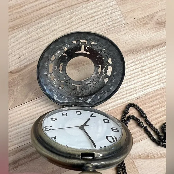 Brass Steampunk Filigree Pocket Watch and Link Chain Vintage Beautiful - Image 5