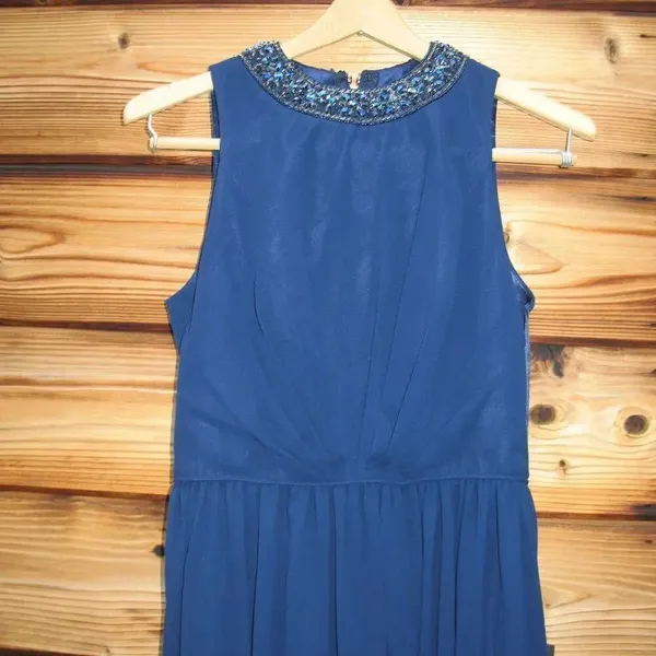 NWT Mac Duggal 55147 Navy Bejeweled Neckline Pleated Chiffon Gown MISMARKED SIZE - Image 8