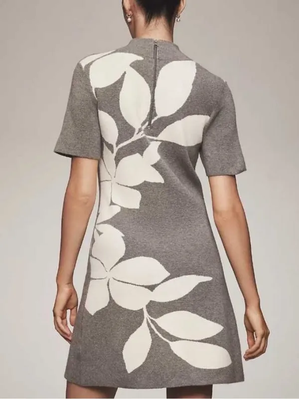 By Anthropologie Mock Neck Short Sleeve Knit Floral Gray Mini Dress Size XS - Image 5