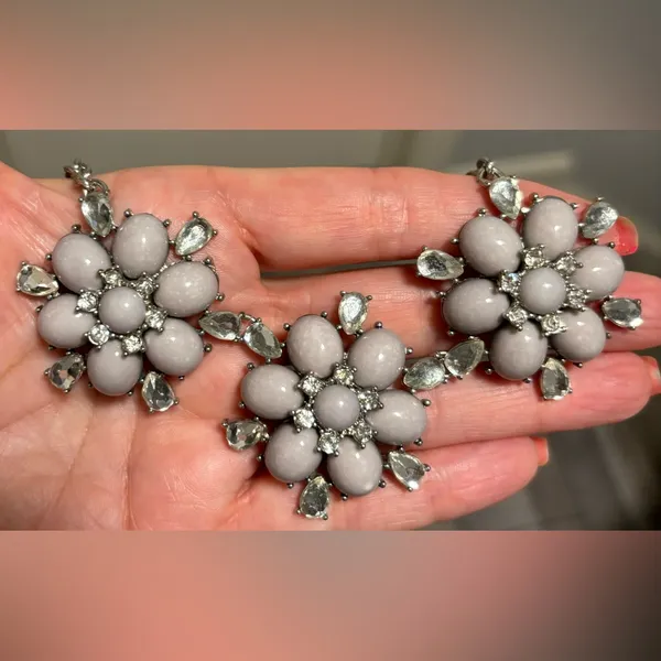 Blush Pink Rhinestone Floral Statement Necklace 3 Flower Bib - Image 2
