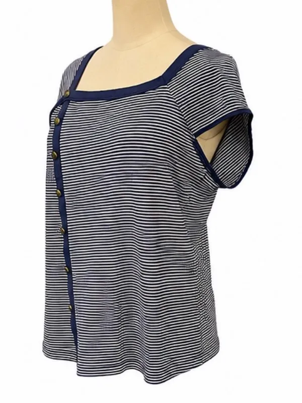 Maeve Anthropologie Navy & White Striped Asymmetrical Button Top XL - Image 2