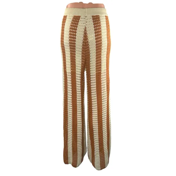 Solitaire Beige Tan Stripe Crochet Open Knit High Rise Wide Leg Trousers Pant XL - Image 3