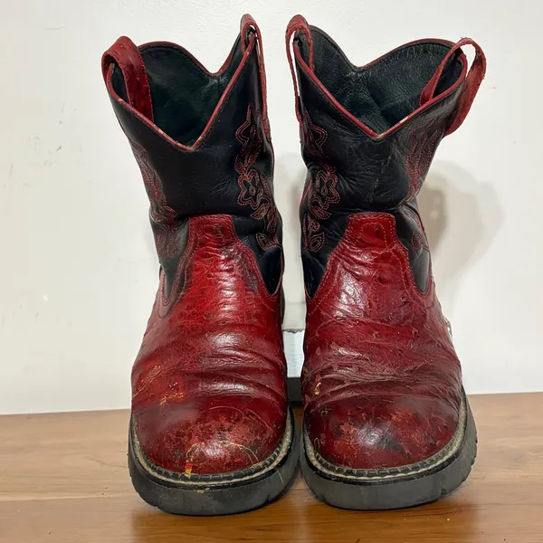 Roper Red Ostrich Print Black Leather Floral Embroidered Western Boots 8 530-200 - Image 4