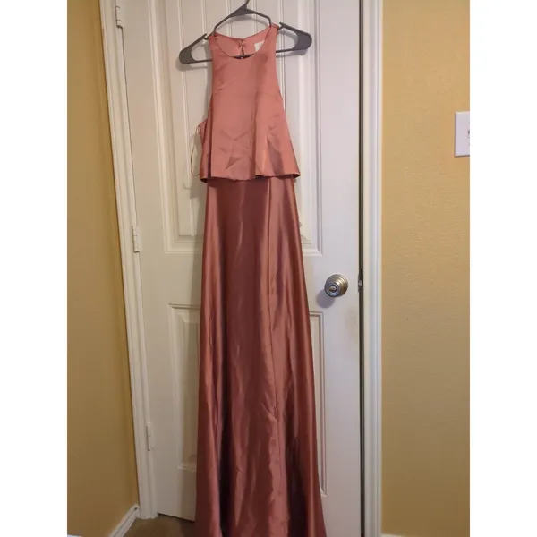 Revelry Wren Satin Fitted High Neck A-line Bridesmaid Dress 6 Desert Rose - Image 2