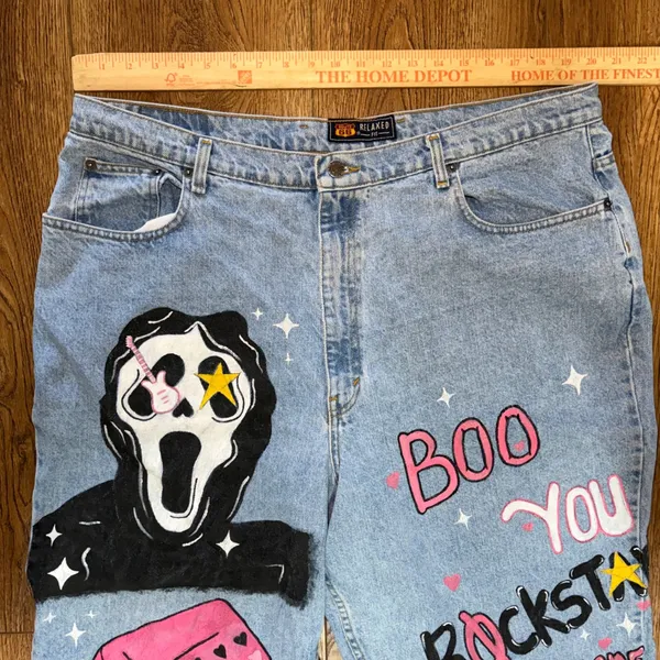 VTG‎ Route 66 Custom Hand Painted Ghostface Scream Jeans Womens 40x29 Halloween - Image 8