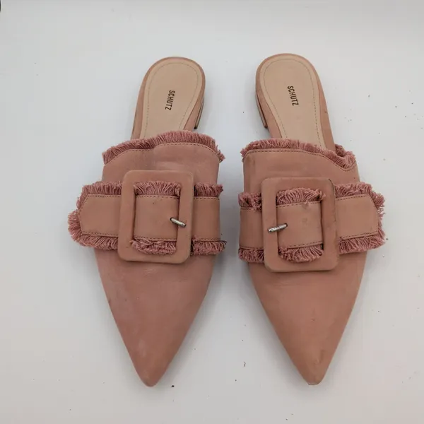 Schutz Mileni Pink Leather Fringed Buckle Pointed Toe Mules Flat Shoe Women 8.5B - Image 4