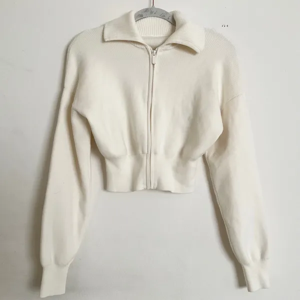Alo Yoga Scholar Knit Cropped Full Zip Jacket Ivory XS - Image 2