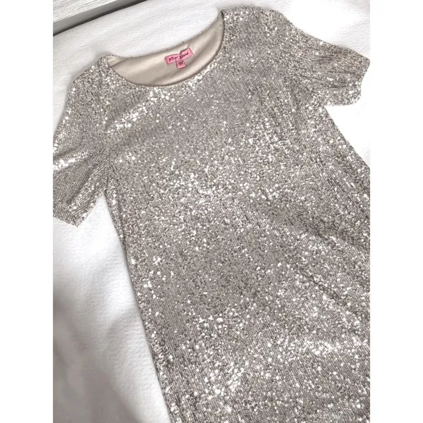 Betsey Johnson Silver Sequin Shift Dress Womens Large Short Sleeve Party - Image 7