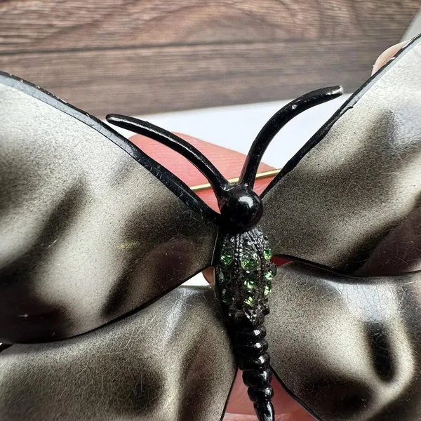 Large Rhinestone Butterfly Insect Enameled Metal Brooch Pin Enamel Black White - Image 7