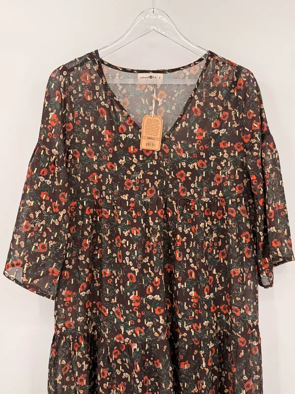 Natural Life Dress Size Small Brown Midi Floral V Neck Bell Sleeve Tiered Boho - Image 4