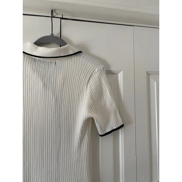 Merokeety Women’s Ribbed Knit Polo Sweater Dress Size Large Black Trim Midi - Image 7