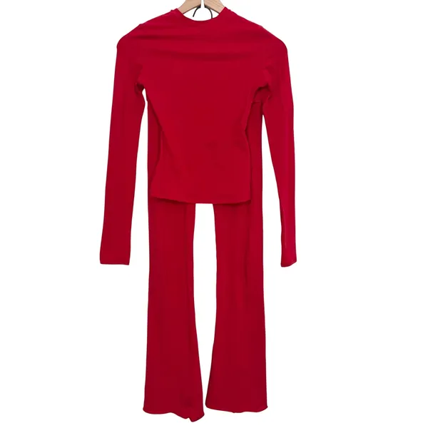 Skims Cotton Jersey Long Sleeve T-Shirt & Foldover Pants Outfit Set Red Size XS - Image 3