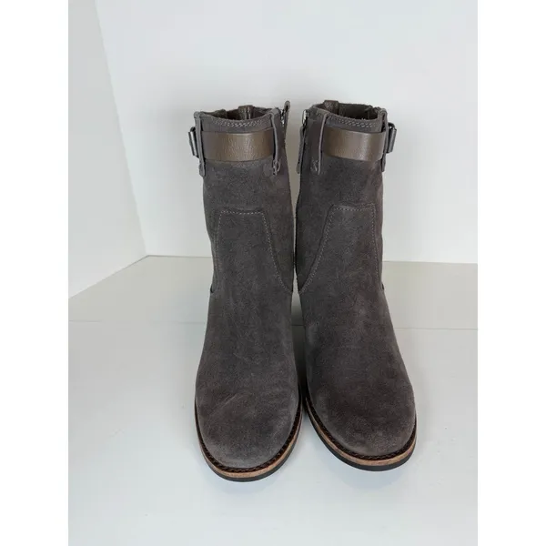 Frye Suede Ankle Boots Women 8M Gray Leather Buckle Strap Moto Block Heel - Image 2