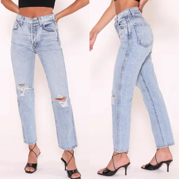Revice Denim Frontrunner High Rise Distressed Straight Leg Jeans Grand Prix Light Wash - Image 4
