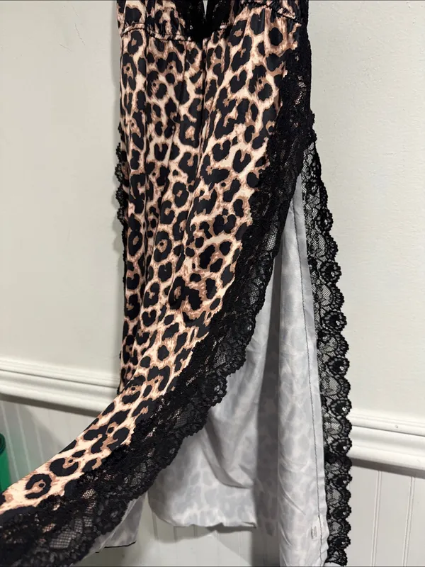 Leopard Print Lace Trim Halter Chemise Nightdress Black & Tan high side slits - Image 2