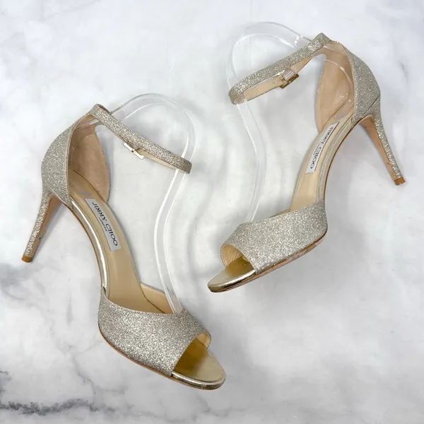 Jimmy Choo Annie 85 Glitter Ankle Strap Open Toe Mid Height Sandal Heels Formal - Image 9