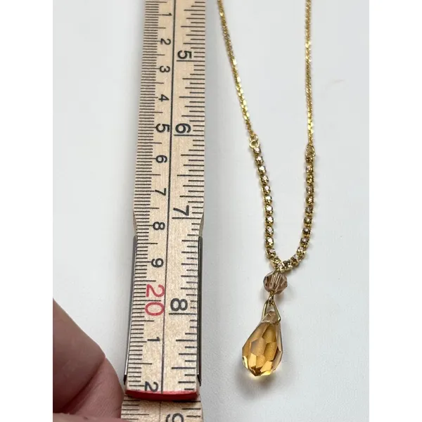 Gold Rhinestone Necklace With Amber Crystal Drop Pendant - Image 6