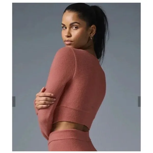 Alo Yoga Alolux Cropped Me Time Cardigan Button Front Terracotta Womens Small? - Image 2
