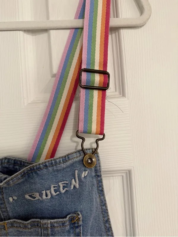 Denim Rainbow Stripe queen embroidered Overalls cut off Shorts women’s size XL - Image 5