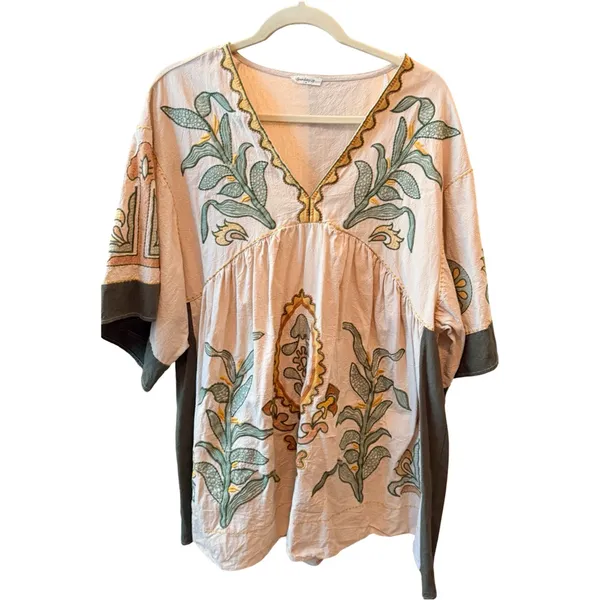 Dreamy Boho Embroidered Babydoll Dress | Cream + Sage | Size M - Image 16