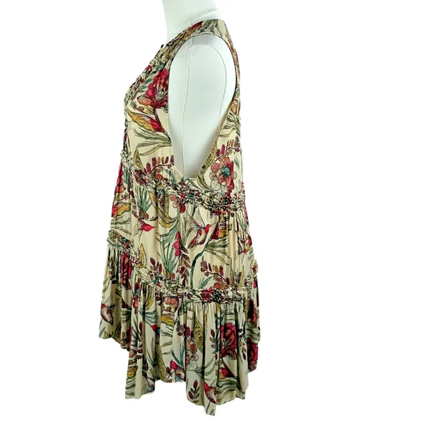Free People Top Tan Pink Floral Haze Tiered Tunic Hummingbird Boho - Image 4