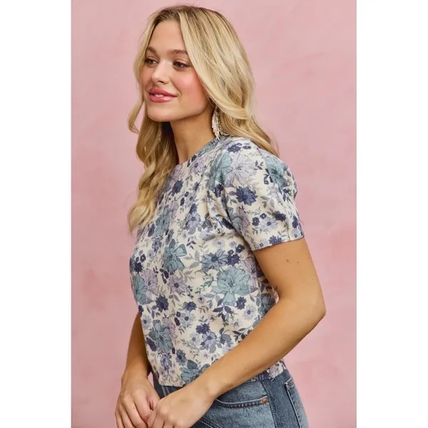SO ME Floral Print Short Sleeves Sweater Knit Top - Blue - XL - Image 7