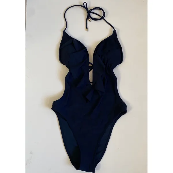 Abercrombie & Fitch Navy Blue Ruffle Plunge‎ Halter One Piece Swimsuit Small NEW - Image 3
