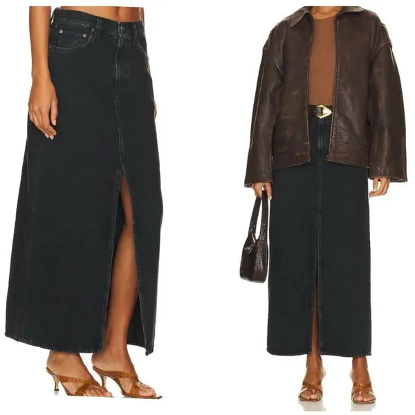 NEW Agolde Leif Front Slit Denim Maxi Skirt Spider Black Size 32 Casual $238 - Image 12