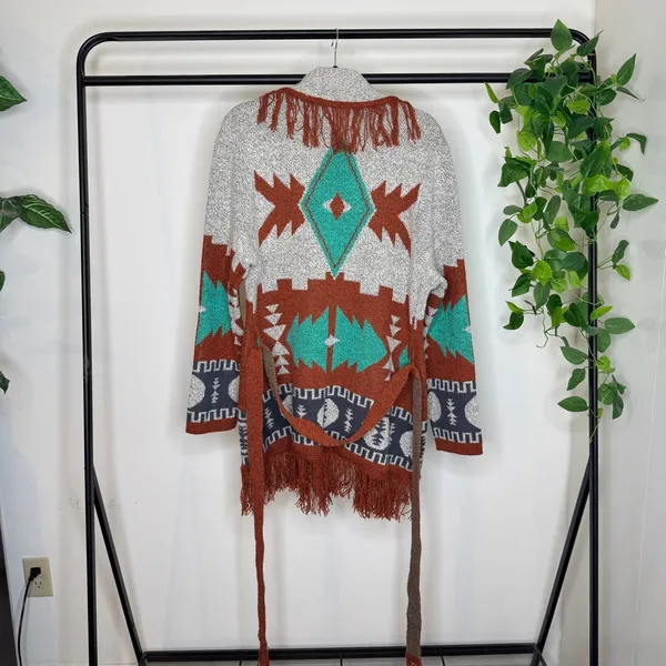 Wrangler Boho Western Aztec Print Fringe Belted Cardigan size XL - Image 3