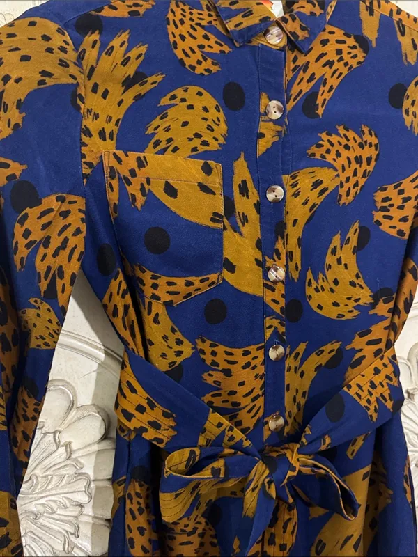Farm Rio Banana Blue & Brown Printed Jumpsuit with Tie Waist Size Small - Image 9