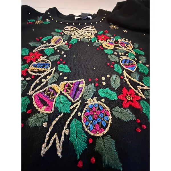 Arriviste Womens Black Embroidered Wreath Beaded Ugly Christmas‎ Sweater Small - Image 10