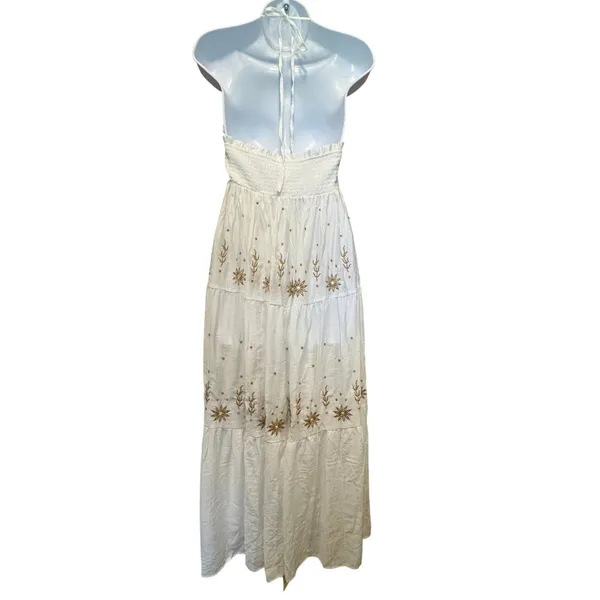 NWT Embroidered Smocked Tiered Boho Halter Maxi Dress L Real Love Fairycore Gold - Image 4