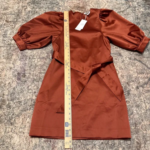 Samsoe Samsoe Celestina Short Dress Brandy Brown Satin Puff Sleeve NWT Size S - Image 7