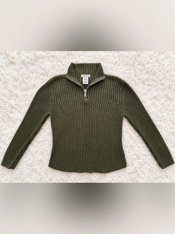Vintage 90s St. John's Bay Ribbed Quarter Zip Sweater – Olive Green – L - Image 4