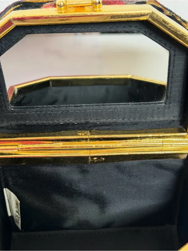 Floral Velvet Hard Case Box Purse Crossbody Evening Bag Gold Frame Mirror - Image 11