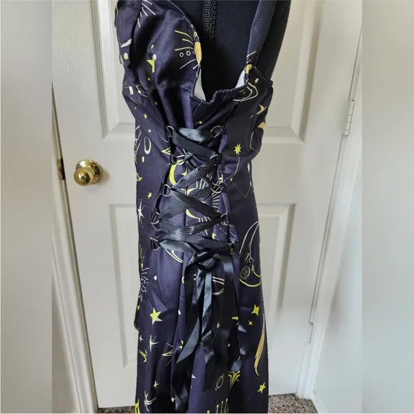 Black Celestial Print Dress Star Moon Lace Up Zipper XL - Image 8