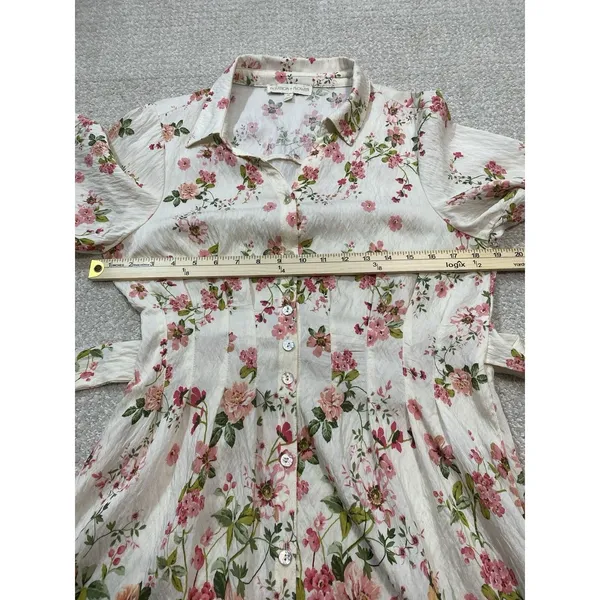 Figueroa & Flower Boho Shirt Dress Medium Beige Floral Cottagecore Retro Prairie - Image 12