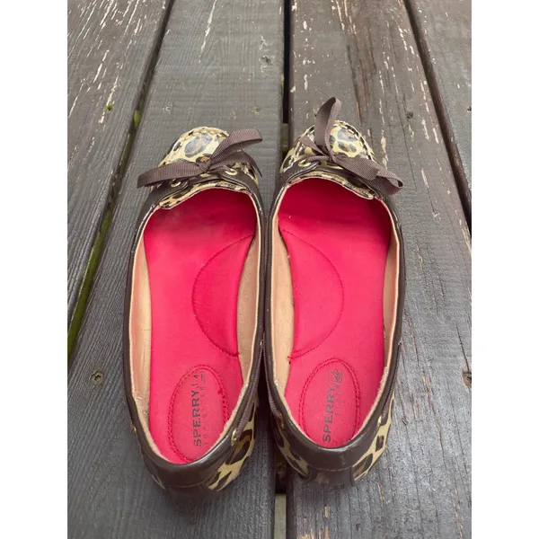 Sperry Top-Sider Women Leopard Print Flats Brown Pink Trim Moc Toe Shoes 9M - Image 4