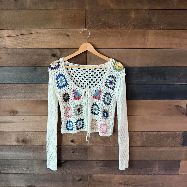 Debut Crochet Granny Square Tie Front Crop Cardigan Boho Festival XS - Image 2